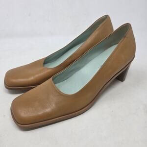 Gianni Bini Leather Block Heel Pumps Women’s 9M Tan Square Toe Slip-On Shoes
